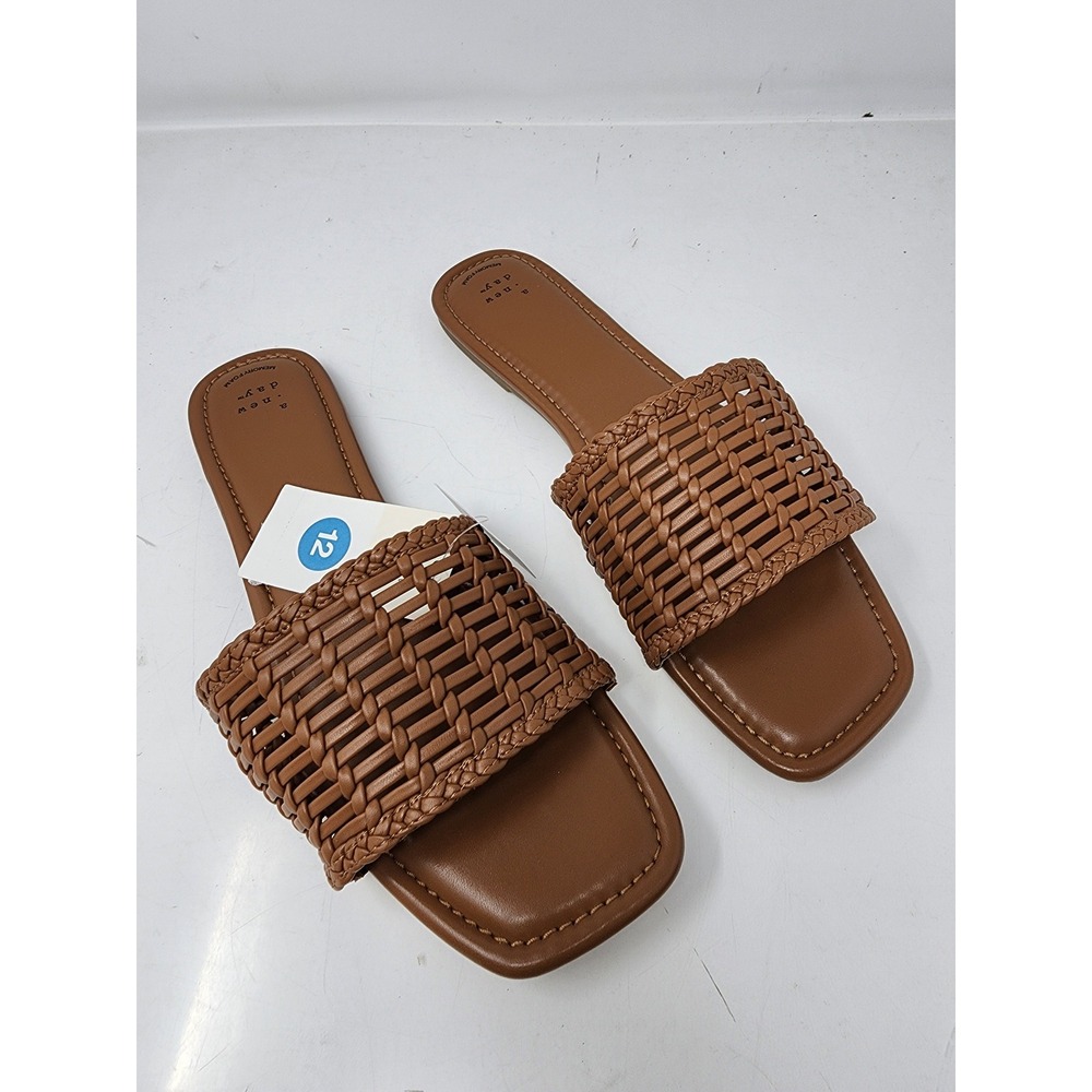 A New Day Womens Asha Woven Slide Sandals Brown Faux Leather Size 12 Casual